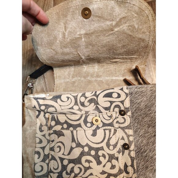 Myra Bag, Cowhide Gray Fur Hair Shoulder Bag Purse Tan Canvas Paisley, Zip Close - Picture 4 of 6